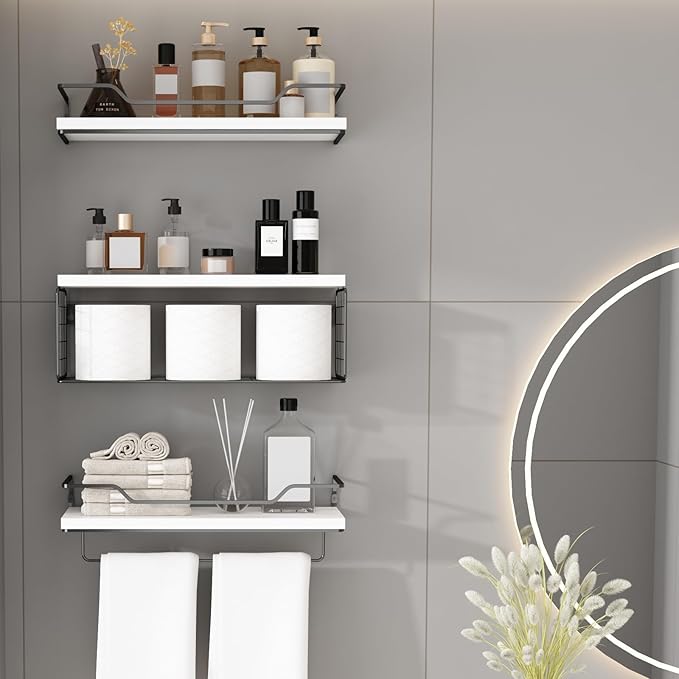 Floating Shelves Wall Mounted,Wood Bathroom Shelf Over Toilet with Paper Storage Basket, Wall Decor Farmhouse Floating Shelf for Bedroom, Living Room, Kitchen,Office (White)
