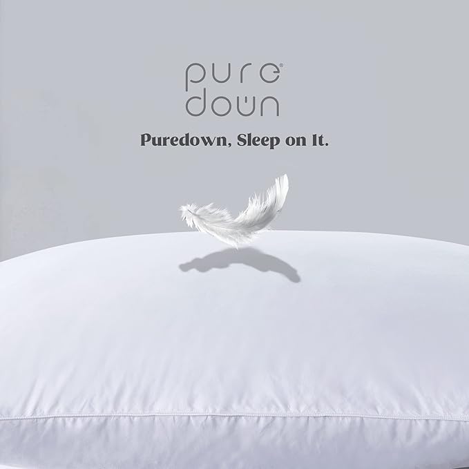 puredown® Goose Feather Down Blend Soft and Flat Pillow for Sleeping Cotton Cover, Queen Size, Set of 2