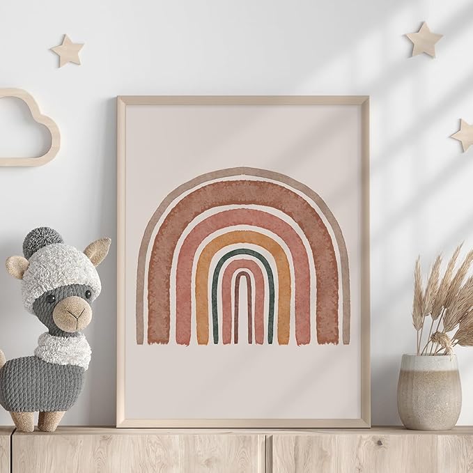 Canssape 6pcs Boho Baby Room Decor Poster, Canvas Wall Art Prints, Rainbow Nursery Wall Decor, Unframed Kids Wall Decor for Baby Girl Room Art, Heart Color, Animal Theme, Watercolor, 8x10 inch