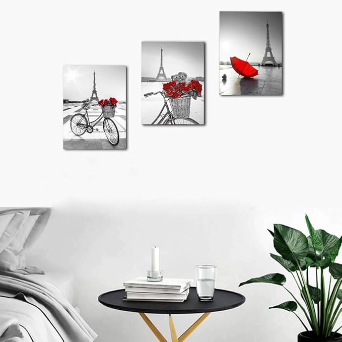 red Flowers 3 Piece Canvas Print Wall Art for Living Room Bathroom Decorations Bedroom Wall decor modern Eiffel Tower umbrella Office Home Decoration wall paintings Black and white bicycle landscape