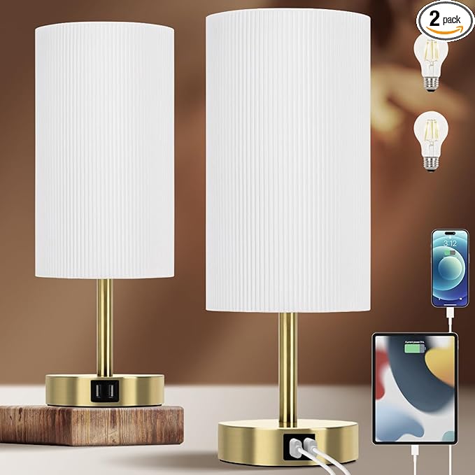 Yarra-Decor Bedside Lamp with USB A+C Charging Ports Set of Two - Touch Control Table for Bedroom Wood 3 Way Dimmable Nightstand Round Pleated Shade Home Office (LED Bulb Included)