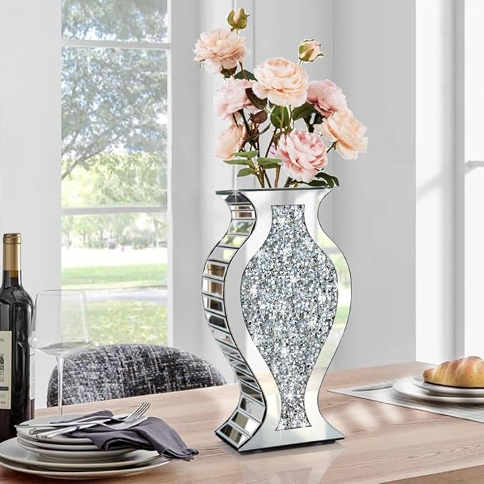 Crushed Diamond Mirror Vase Crystal Silver Glass Stunning Decorative Vase Flower Luxury for Home Décor. Can’t Hold Water.