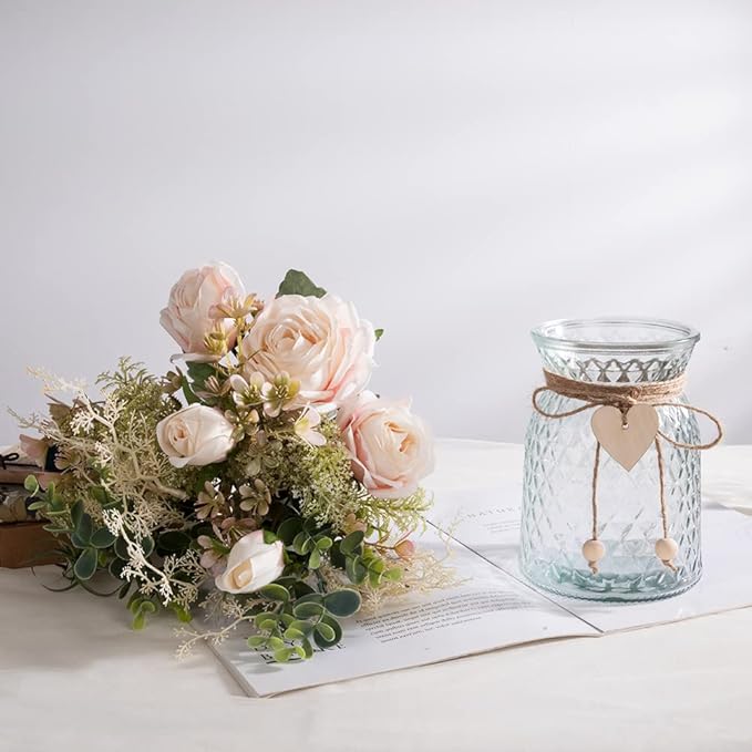 Silk Rose Flowers in Vase, Artificial Flowers Arrangement with Glass Vase Faux Rose for Decoration Table Centerpiece (Pink Rose)