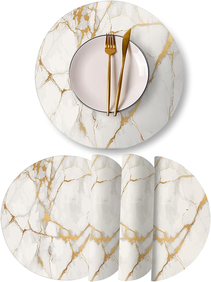 Round Leather Placemats Set of 4 PU Waterproof Non-Slip Washable Heat Resistant Place Mat for Kitchen Dining Table - Marble Gold Line