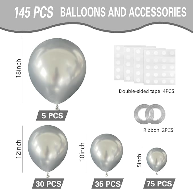 Metallic Silver Balloons 145pcs Different Sizes 5in 10in 12in 18in Chrome Silver Shiny Round Latex Balloon Arch Kit Garland for Wedding Baby Shower Birthday Party Decor