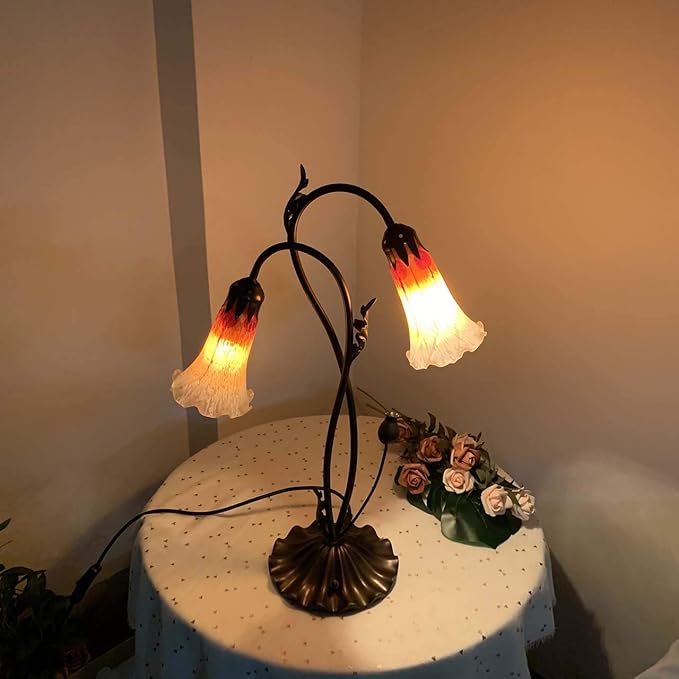 Bieye L10698 Lily Flower Blown Glass Accent Table Lamp for Living Room Bedroom Decoration (2-Light, Orange)