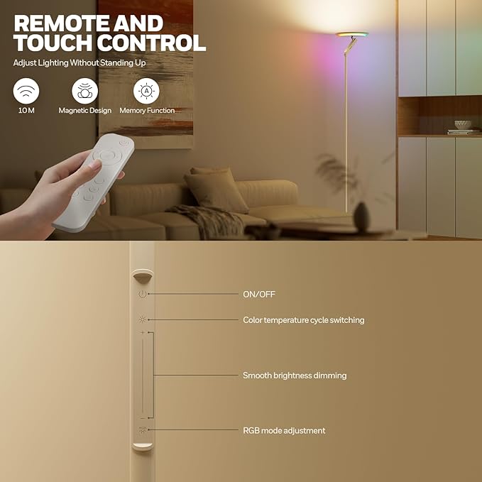 HONEYWELL Floor Lamps for Living Room- F2 Sunturalux™ 2 in 1 40w/3000lm 10.83'' Panel Super Bright Led Floor Lamp with Remote Control,Modern Tall Lamp 6 RGB Modes Standing Lamp for Bedroom,Office