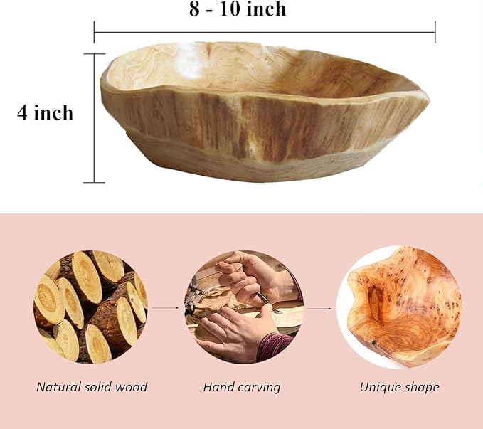 Wooden Decorative Natural Wood Fruit Bowl - Irregular Creative Rustic Hand Carved Serving Bowl for Candy, Snacks, Keys, Home Decor (14"-16" Diameter)