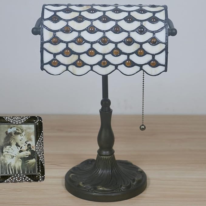 Tiffany Style Bankers Table Lamp Stained Glass Piano Desk Lamp Vintage Bedroom Bedside Lamp for Study,Antique Alloy Base,Zipper Switch,Green c
