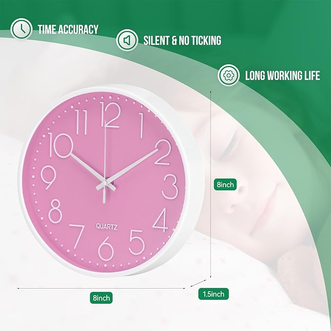Wall Clock Non-Ticking Silent Modern Simple Style Round Decor Clock Stereoscopic Dial Quartz Wall Clocks for Home/Office/School/Living Room/Bedroom/Kitchen (Pink, 8inch)