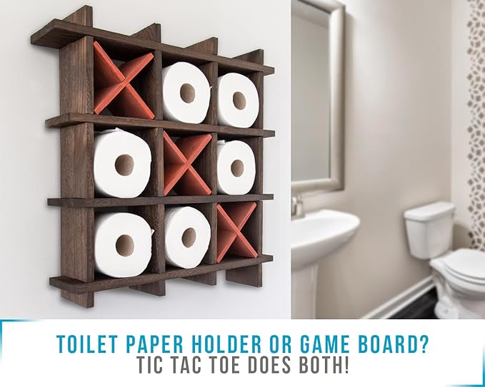 Comfify Rustic Tic-Tac-Toe Toilet Paper Holder for Bathroom – Rustic Storage Shelves for Toilet Tissue in Torched Brown Color – Freestanding or Wall Mount Bath Shelves for Your Farmhouse Décor