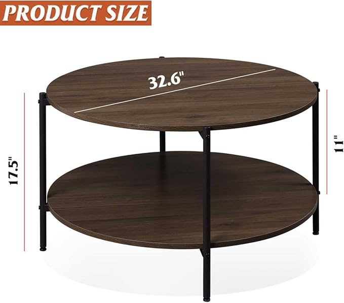 WLIVE Round Coffee Table for Living Room, 32.6" Small Coffee Table with Open Storage Shelf, 2-Tier Industrial Circle Wood Center Table for Bedroom, Home Office, Brown Walnut