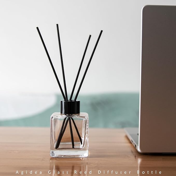 4PCS Glass Diffuser Bottles, Refillable Diffuser Bottles Square Shape with 20pcs Reeds Sticks & Black Caps & Funnel, 3.66" High 150ml 5.29 fl oz. Diffuser Jars for Home Oil Fragrance Decoration