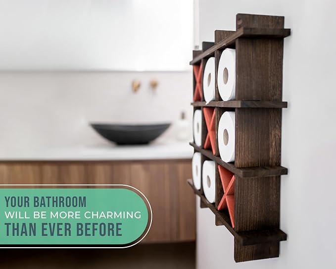 Comfify Rustic Tic-Tac-Toe Toilet Paper Holder for Bathroom – Rustic Storage Shelves for Toilet Tissue in Torched Brown Color – Freestanding or Wall Mount Bath Shelves for Your Farmhouse Décor