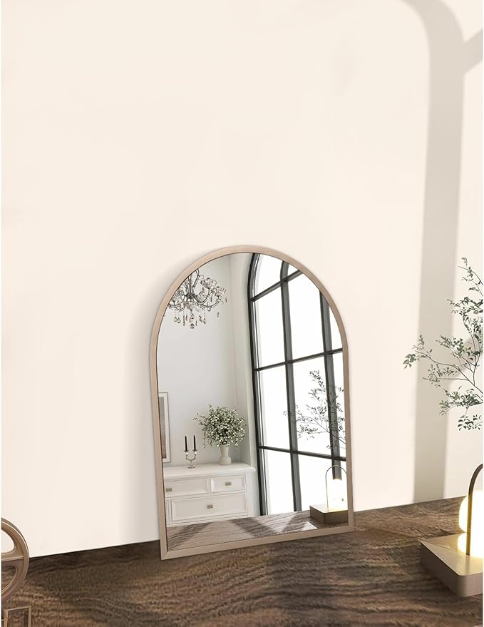 Arched Wall Mirror Aluminum Alloy Frame Bathroom Mirror Brushed Metal Vanity Wall Mounted Mirror for LivingRoom Bedroom Entryway Room Home Decor Brass 16"x12"