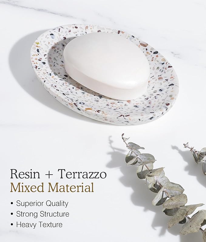Luxspire Soap Dish, Resin Soap Tray Soap Holder Container Box, Oval Soap Plate Case, Sponge Dish Scrubbers Tray Holder for Bathroom Vanity Shower Kitchen Sink Counter Top, Terrazzo
