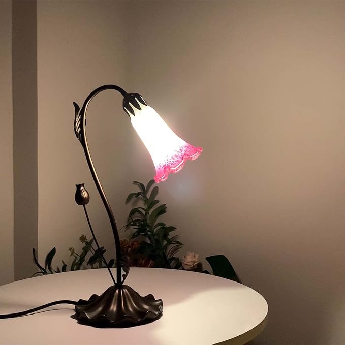 Bieye L10846 Lily Flower Blown Glass Accent Table Lamp for Living Room Bedroom Decoration (1-Light, Pink)