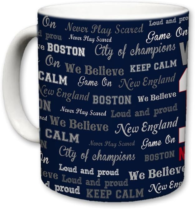 Sweet Gisele | New England City of Chempions | Ceramic Coffee Cup | Printed Text Theme | Area Landmarks | Cute Blue & White Detailing | Great Novelty Gift | 11 Fl. Oz