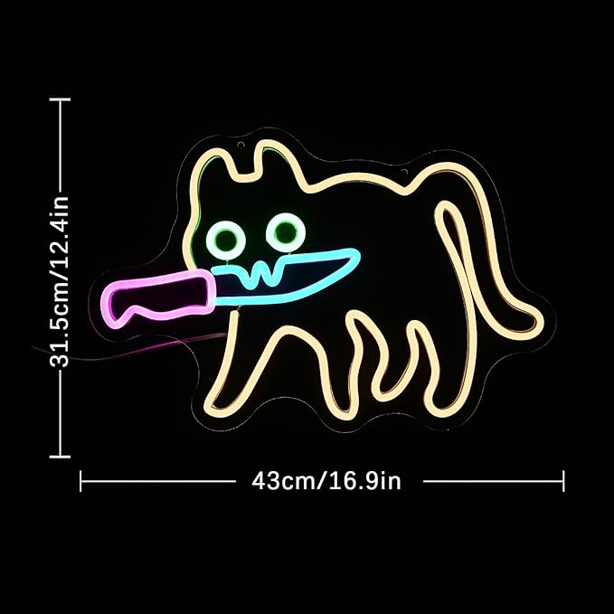 Cat Neon Sign for Wall Decor Knife Neon Light Cautiously Cat LED Neon Sign White LED Neon Light for Bedroom Zoo Cat Cafe Cat House Store Home Men Cave Home Bar Decoration(16.9"*12.4")