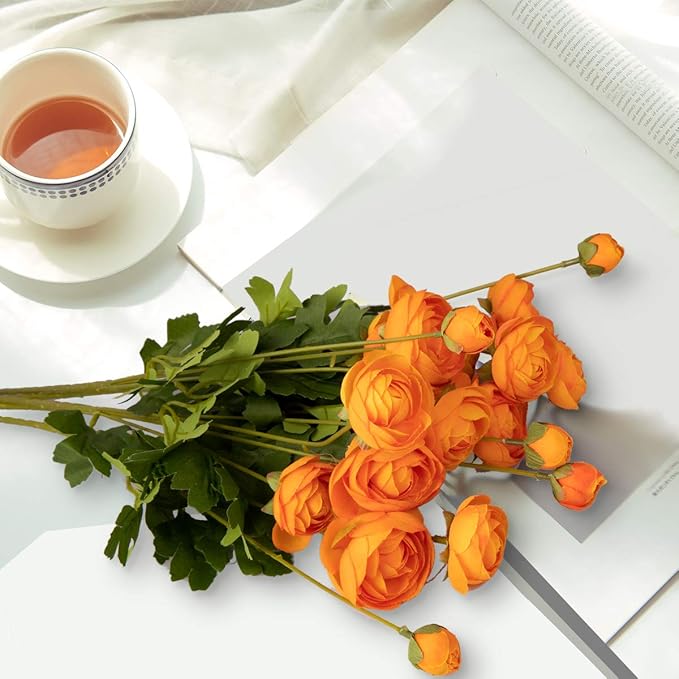5 Stems Artificial Silk Ranunculus Flowers Orange 23" Tall,UV Resistant,Bendable Stems for Wedding Centerpieces,Home Deco(Orange)