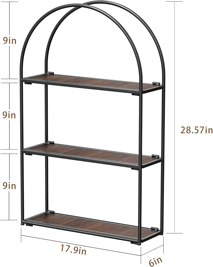 Crofy Black Arched Frame Wall Shelf, Decorative 3 Tier Bathroom Wall Shelf with Walnut Finish Shelves and Robust Storage Capacity, 6" D x 17.9" W x 28.57" H