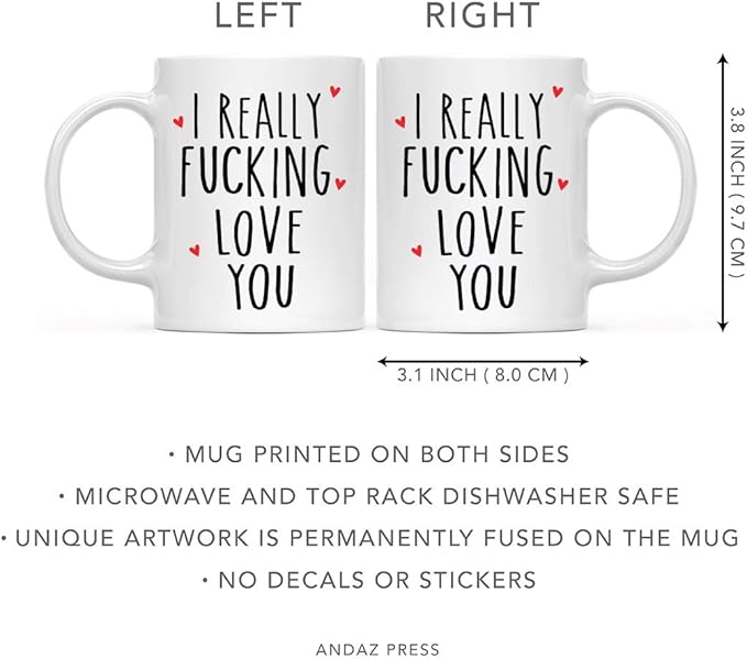 Andaz Press Valentine’s Day Funny 11oz. His Her Couples Coffee Mug Gift, I Really Fucking Love You, Heart Graphic, 1-Pack, Gift Box
