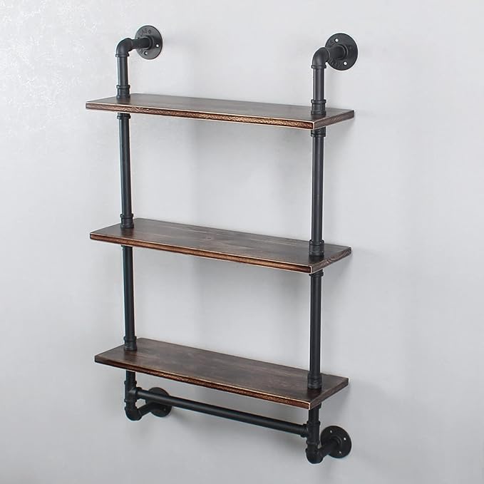 Industrial Pipe Shelving,Iron Pipe Shelves Industrial Bathroom Shelves with Towel bar,24in Rustic Metal Pipe Floating Shelves Pipe Wall Shelf,3 Tier Industrial Shelf Wall Mounted,Retro Black