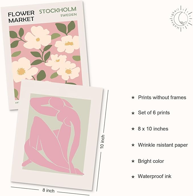Habseligkeit Flower Market Posters Aesthetic, Matisse Abstract Wall Art Prints Danish Pastel Pink Wall Decor, Floral Wall Art Prints for Girs Dorm Aesthetic Decor Unframed, 8x10in, Set of 6
