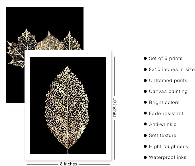 HoozGee Gold Leaf Art Prints Modern Black Gold Botanical Tropical Plant Leaves Art Wall Pictures Canvas Prints Gallery Wall Art Poster Wall Decor Bedroom Room Home Decor (8"x10" UNFRAMED)