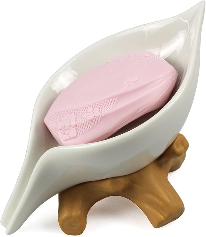 Leaf Soap Dish for Shower,Ceramic Soap Holder with Stump Bathroom Ring Dish Holder for Jewelry Engagament Wedding Birthday Gifts White