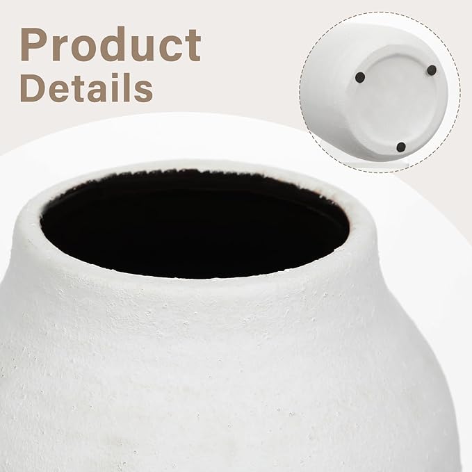 Briful 9.4'' Rustic Ivory Ceramic Vase, Vintage Farmhouse Decor, Whitewashed Terra Cotta Antique Pottery Pampas Vases for Home Living Room Kitchen Mantel Table Shelf Decorations