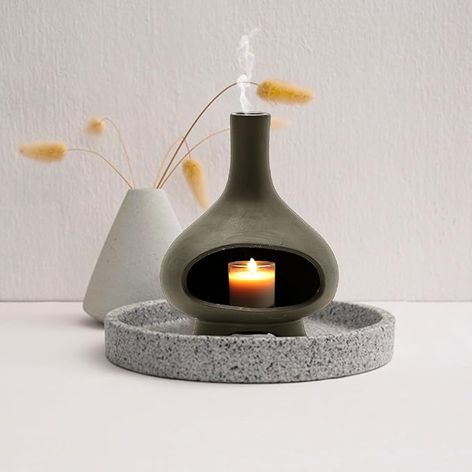 Palo Santo Holder Handmade Ceramics Incense Burner Chimney Dish Smudge Bowl for Palo Santo Sticks Sage Bundles with Brush(Brown) (Furnace Gray)