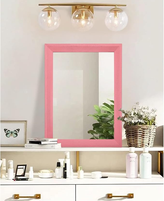 AAZZKANG Rectangle Mirror with Wood Frame Modern Farmhouse Wall Mirrors Decor Large 20"x16" for Bedroom Bathroom Living Room Pink