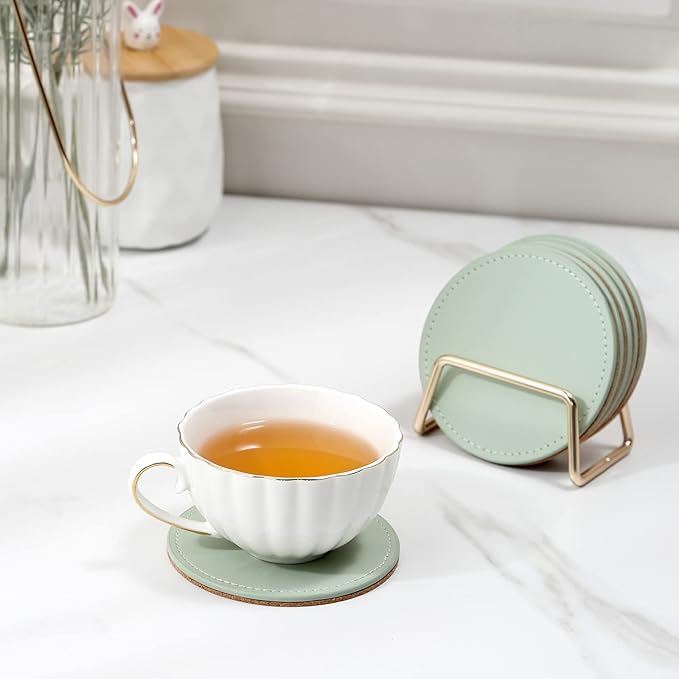 CASEGRACE Drink Coasters with Metal Holder Stand Set of 6, PU Leather Absorbent Coasters with Cork Base Table Coaster Set Decorative Coffee Cup Coasters Housewarming Gift for Home Decor