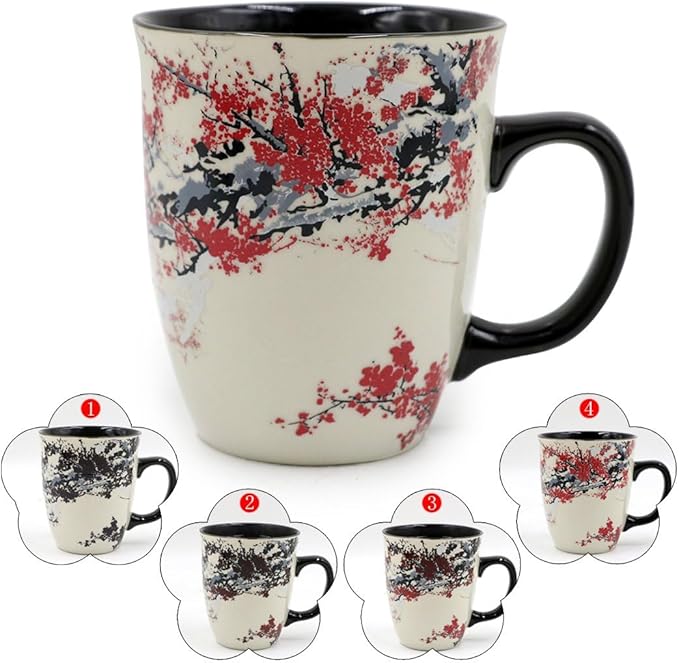 Color Changing Heat Sensitive Magic Funny Art Mug Large Coffee Tea Plum Blossom Porcelain Mugs for Women Mom grandma Gifts 16oz Black Change Glow Red Cups