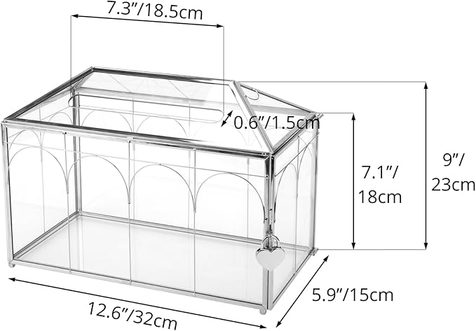 NCYP Glass Cards Box with Slot & Lock for Wedding - 12.6" x 5.9" x 9" Vintage Geometric Terrarium, Wishwell, Party, Home Reception, Tabletop Decor, Silver (Glass Box Only)