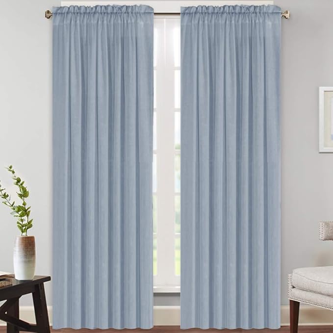 PrinceDeco Linen Curtains for Living Room Thick Linen Burlap Curtains for Bedroom Light Filtering Vertical Drapes Rod Pocket Country Rustic Linen Curtains(Stone Blue, 52" W x 84" L)