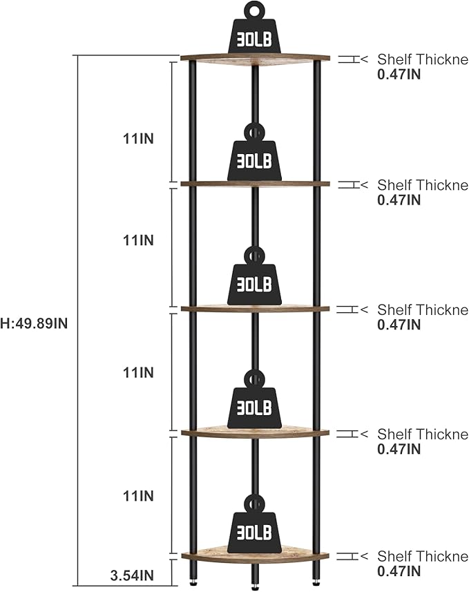 5 Tier Corner Shelf, Bookcase for Small Spaces, Corner Display Shelf, Plant Stand, Rustic Brown and Black,Suitable for Bedroom,Living Room,Kitchen