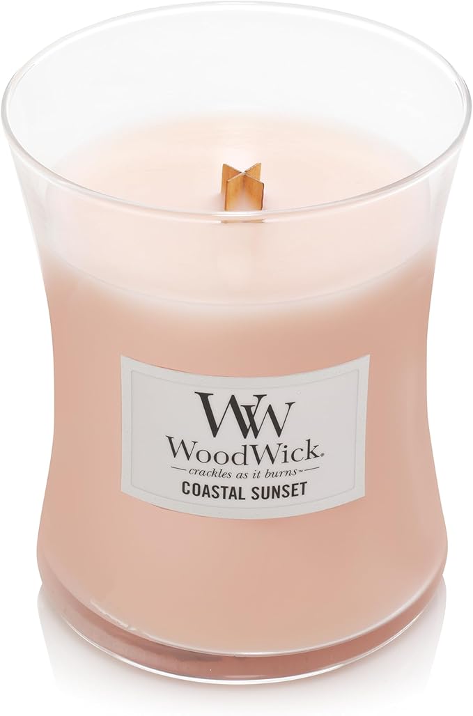 WoodWick Medium Hourglass Candle, Coastal Sunset Scent, Crackles as it burns, Premium Soy Blend Wax, 9.7oz, Perfect for gifting