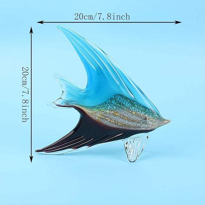 Hophen Art Glass Tropical Angel Swallow Fish Blown Handmade Sea Animal Figurine Sculpture Home Decor Collectible Statue Paper Weight Gift Ornament (Blue and Black)