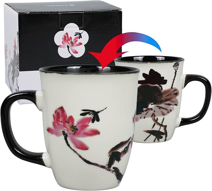 Funny Ceramic Magic Heat Color Changing Art Coffee Tea Mug Lotus Printing Porcelain Mugs for Women Personalized White Green Tea Cup 16 oz Large Coffee Mug for Mom Girl Grandma And Man