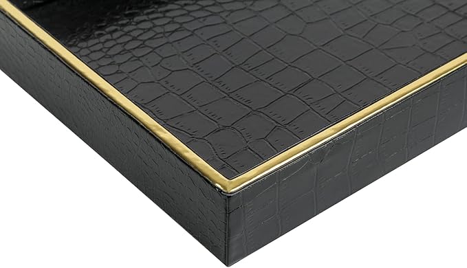 HofferRuffer Faux Leather Vanity Tray, Elegant Desktop Storage Organizer, Decorative Catchall Perfume Tray, Bathroom Valet or Nightstand Dresser Organizer (Black Croco)