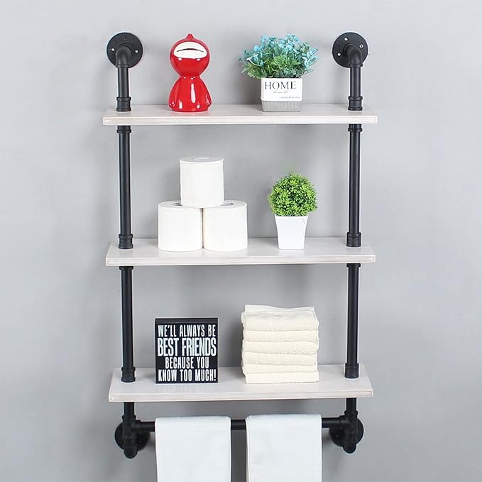 Industrial Pipe Shelving,Iron Pipe Shelves Industrial Bathroom Shelves with Towel bar,24in Rustic Metal Pipe Floating Shelves Pipe Wall Shelf,3 Tier Industrial Shelf Wall Mounted,Black & White