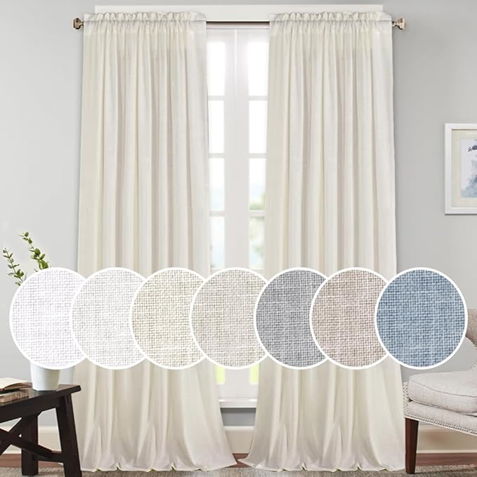 PrinceDeco Linen Blend Curtains Extra Long 108" Long, Rod Pocket Elegant Vertical Thick Linen Curtain Panels for Farmhouse/Living Room Window Drapes for Bedroom(Ivory, 2 Panels)