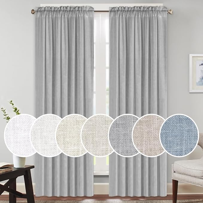 PrinceDeco Dove Grey Linen Curtains for Bedroom Linen Window Curtains 84 Inches Long Light Filtering Country Rustic Linen Curtains for Living Room,2 Panels, 52" W x 84" L