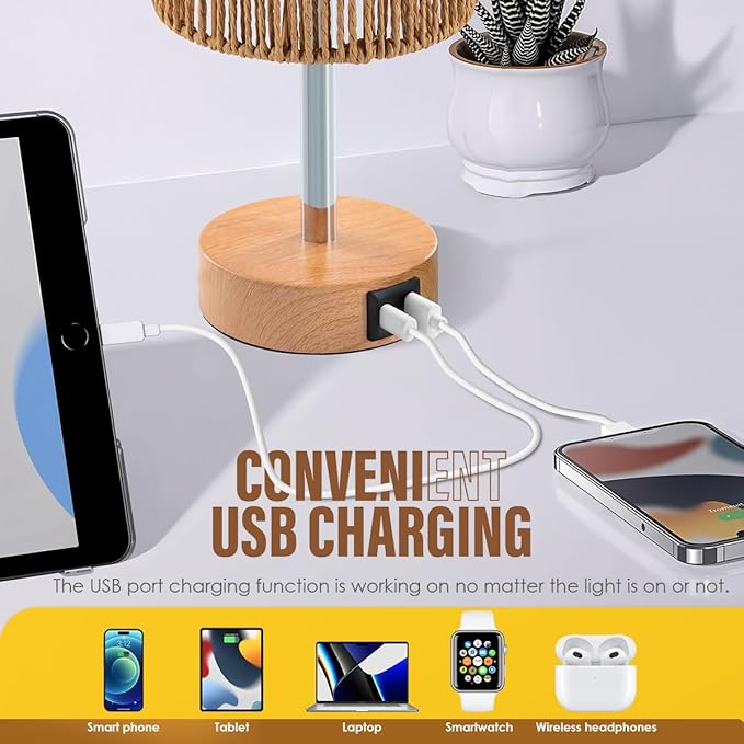 Yarra-Decor Bedside Lamp with USB Port - Touch Control Table Lamp for Bedroom (Rattan)