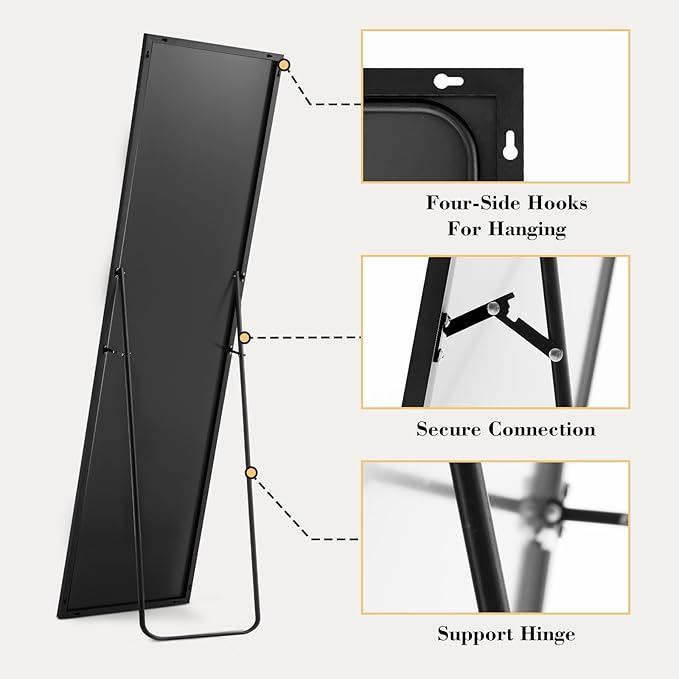 Sweetcrispy Full Length Mirror with stand, 59"x16" Floor Mirror with Aluminum Alloy Frame for Bedroom, Standing Full Body Mirror with Shatter-proorf Nano Glass for wall, Living Room, Cloakroom (Black)
