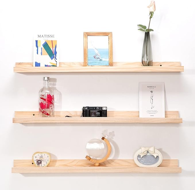 MBYD 36 Inch Floating Shelves Natural Wood, Wall Mount Picture Ledge Wooden Wall Shelf Nursery Bookshelf for Bedroom, Living Room, Office, Kitchen, Set of 3 Same Dimensions