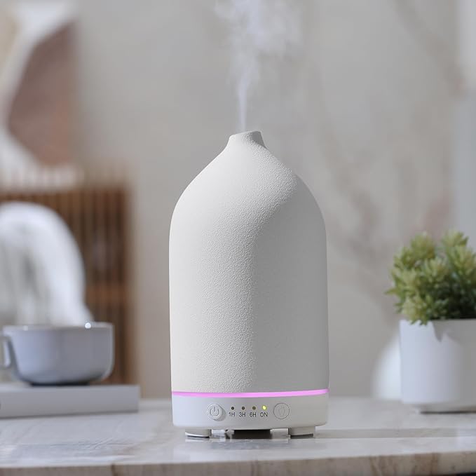 200ML Ceramic Diffuser,Aromatherapy Diffuser,Essential Oil Diffuser with 7 Color Lights Auto Shut Off for Home Office Room,White (1/3/6/ON hrs Working time)