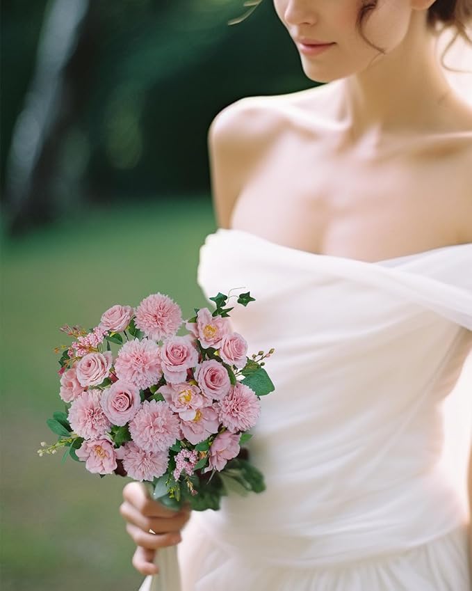 Premium Pink Silk Flower Bouquets, Artificial Chrysanthemums, Fake Flowers Roses Peonies Decoration, Pink Faux Floral Arrangements for Wedding Home Decor Table Centerpieces